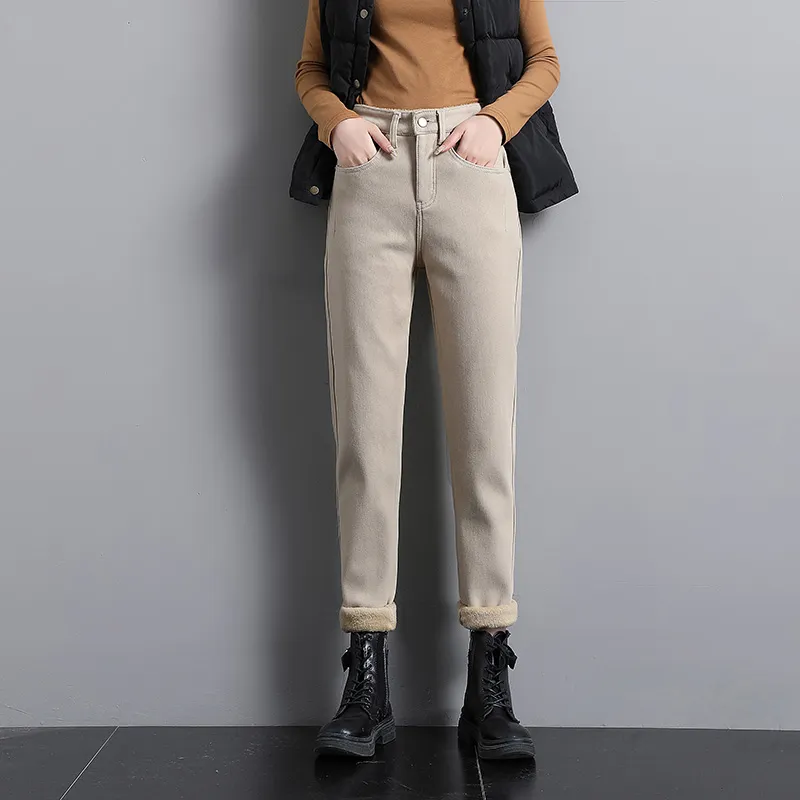 冬のジーンズの女性の伸縮性のある弾性の高い腰のカジュアルベルベット厚い暖かい鉛筆綿のズボンズボン足首長さの女性220402