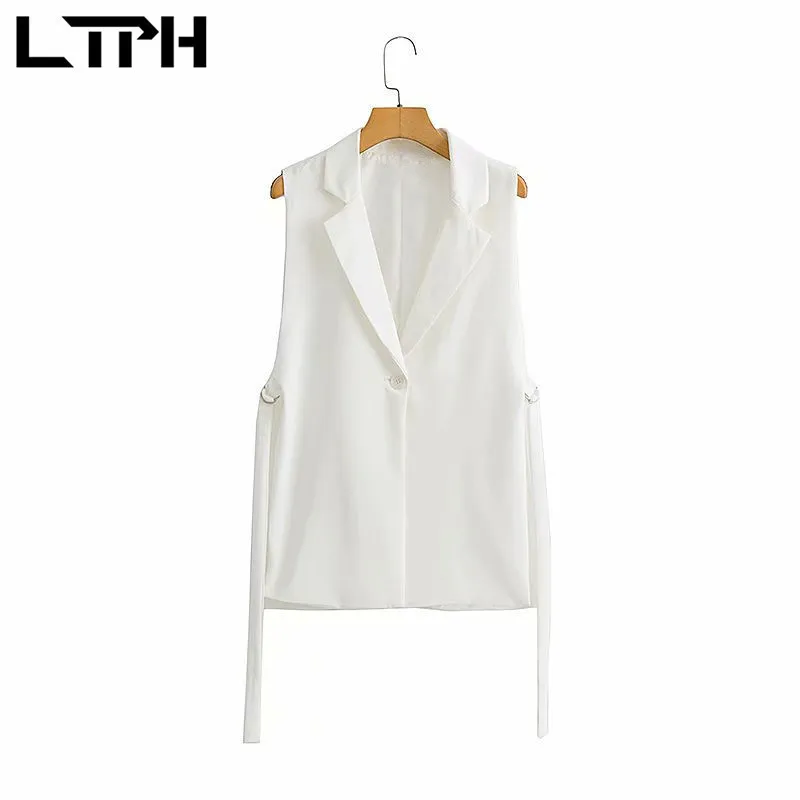 LTPH streetwear casual feminino blazer colete sólido de um botão sem mangas cardigã outwear Laceup terno dividido casaco outono 220526