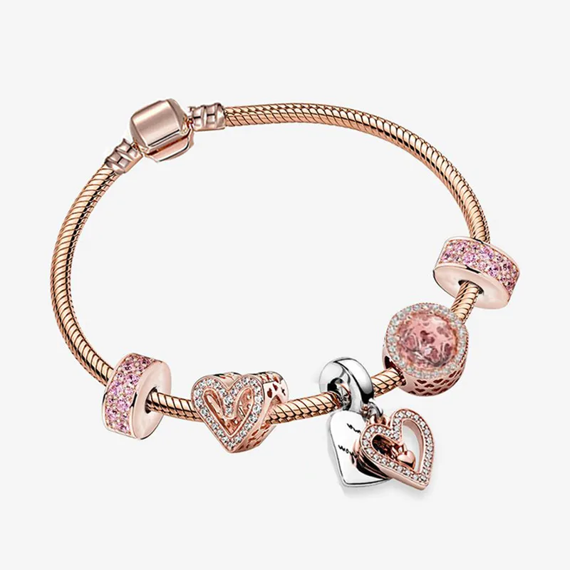 Ensemble de bijoux de luxe en argent sterling avec ballon à air chaud en or rose pour bracelet Pandora à faire soi-même, pendentif en forme de diamant, cadeau pour femme 16-21 cm