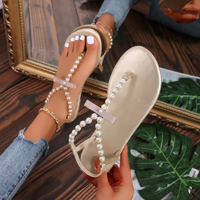 Sandali Sandały Sandały Płaskie klips-ścisk Pearl Sandały Sandały Plus Women Buty 43 Trendy plażowe różowe buty Slip-On 220516