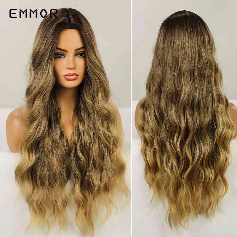 Emmor longue partie moyenne vague perruque de cheveux pour les femmes moelleux brun blond cuivre Cosplay naturel ondulé résistant à la chaleur synthétique s 220622