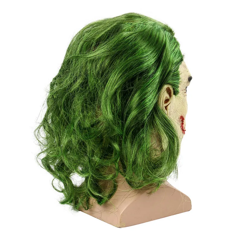 Halloweenowa maska lateksowa mroczny rycerz Cosplay Horror straszny Clown Joker z zielonymi włosami peruka na kostium imprezowy dostarcza 220523