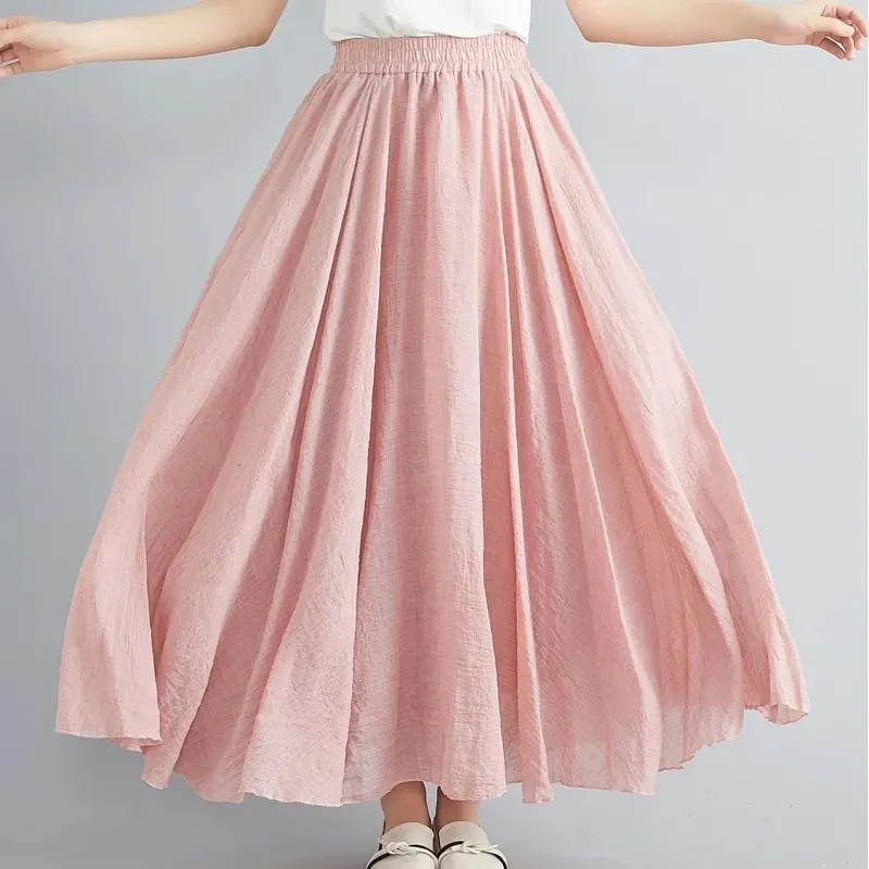 2022 Women Linen Cotton Long Skirts Elastic Waist Pleated Maxi Beach Boho Vintage Summer Skirts Faldas Saia