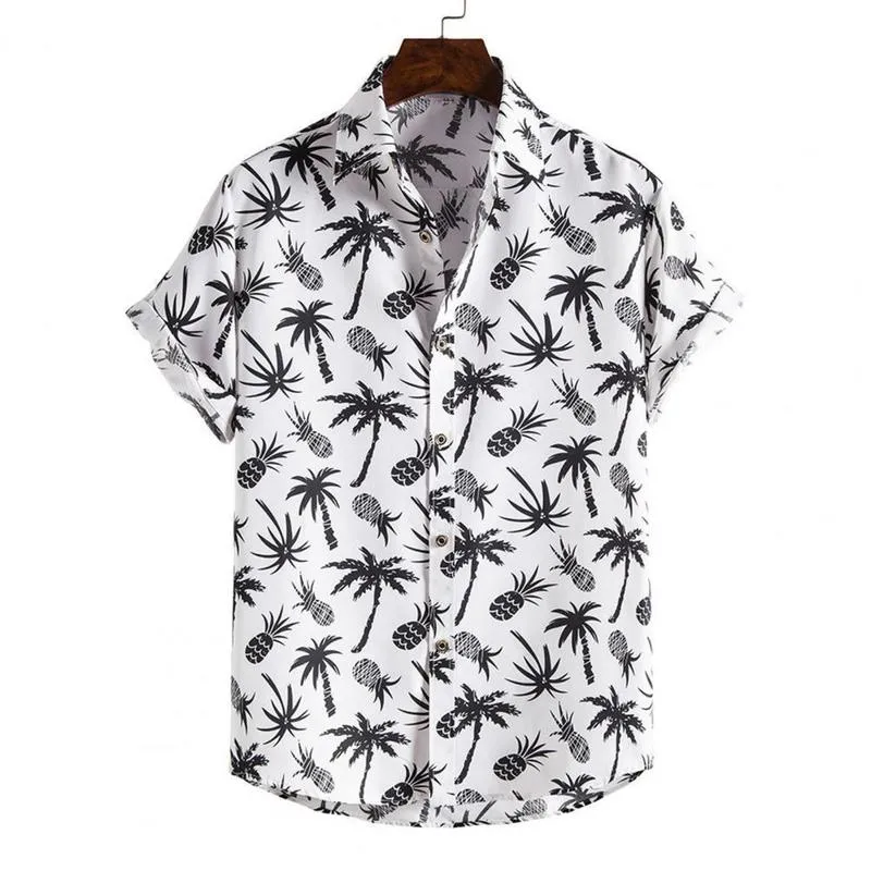 Summer Fashion Casual Men StripesTree Printed Short Sleeve Turndown Collar Slim Hawaiian Shirt Beachwear for Travel 220527