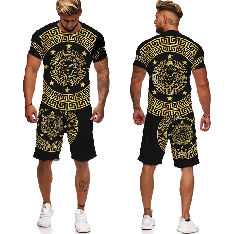 Zomer Gouden Leeuw 3D Gedrukt T-stukken/Shorts/Pak Heren Casual Grafisch T-shirt Tweedelige Set Hip Hop mode Korte Mouw Trainingspak 220801