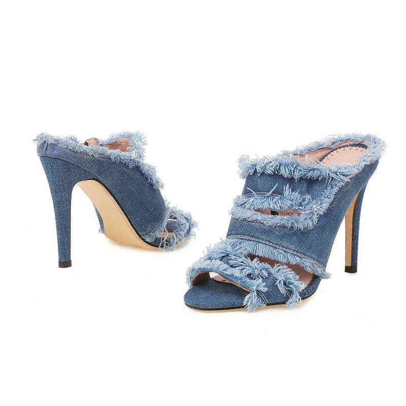 Sgesvier Denim Jeans Tissu Bleu Femmes Chaussures À Talons Hauts Diapositives 2022 Brand New Open Toe Pantoufles Slip-on Mules Sandales Taille 33-43 220610