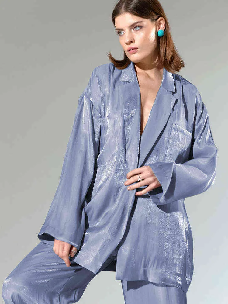 Hiloc Bright Silk Women Pajamas مجموعة من طوق الالتزام بملابس فضفاضة مع سروال أزياء زرقاء