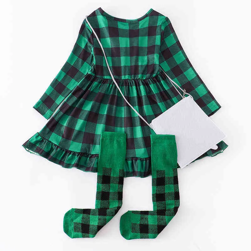 Girlymax Day Baby Mädchen Plaid Gingham Kleeblatt Rüschen Kleid Match Socken Handtasche Knielang Strampler Kinderkleidung