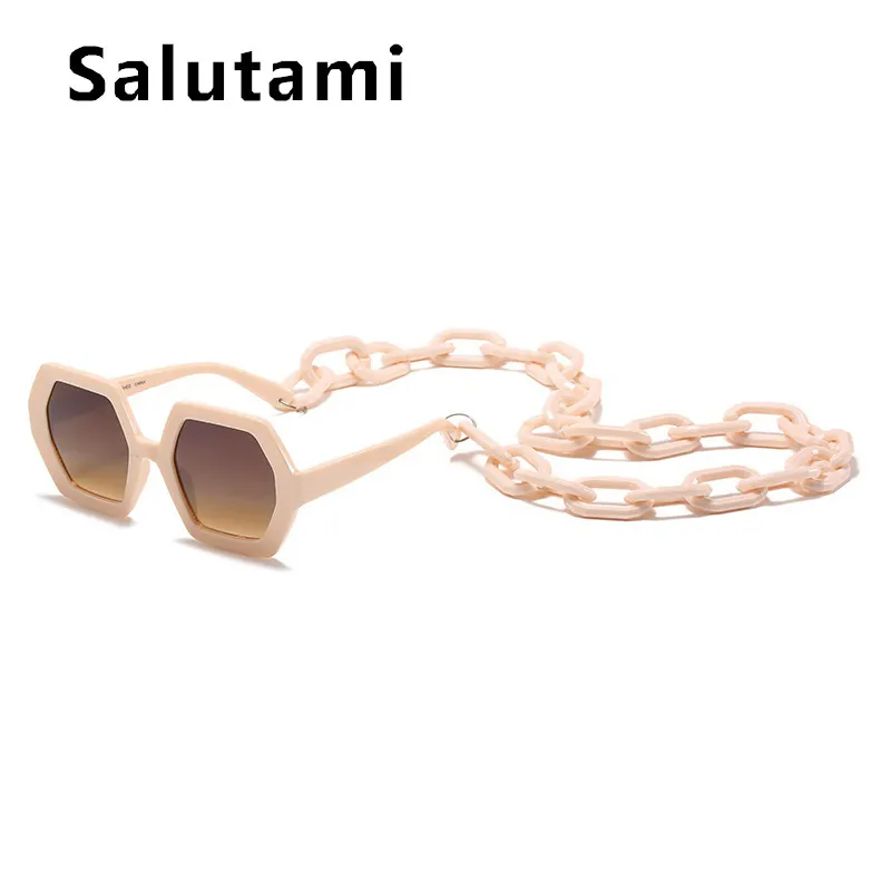 Occhiali da sole unici Set di catene le donne Marchio di lusso Occhiali da sole quadrati poligonali Occhiali da sole vintage femminili Occhiali da sole beige 2205062534