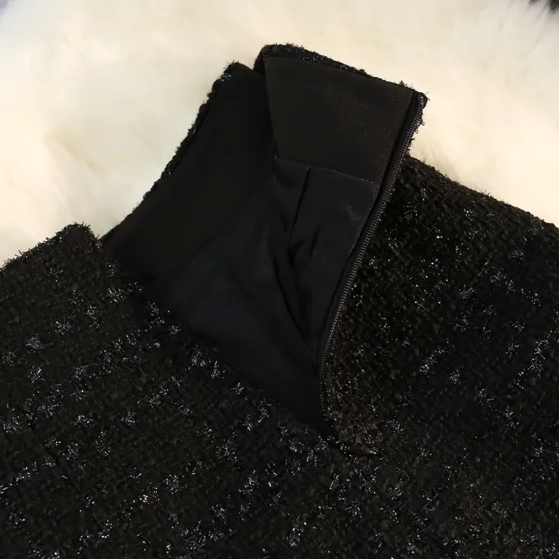 Schwarz Weiß Tweed Lange Röcke Frauen Herbst Winter Helle Seide Weibliche Vintage Hohe Taille A-line Wrap Büro Dame 220317