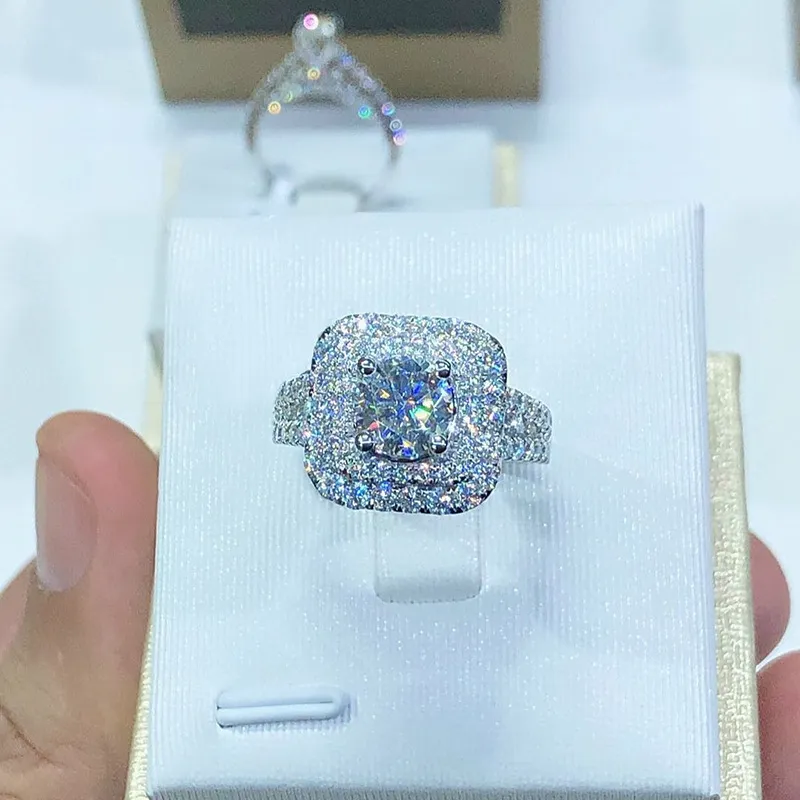 Moda simples luxo anel quadrado espumante jóias 925 prata esterlina completo branco topázio cz zircon diamante feminino noivado finger2585