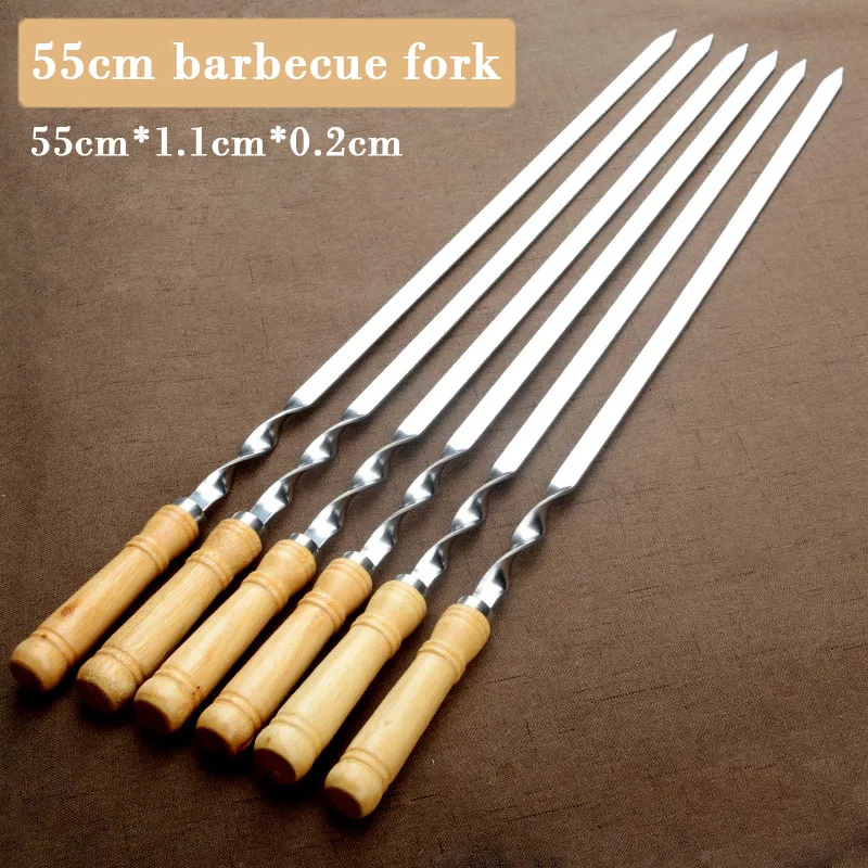 55cm BBQ Brochettes Long Manche Shish Kebab Barbecue Bâtons De Barbecue En Bois Fourchette En Acier Inoxydable En Plein Air Grill Aiguille Sacs 220531