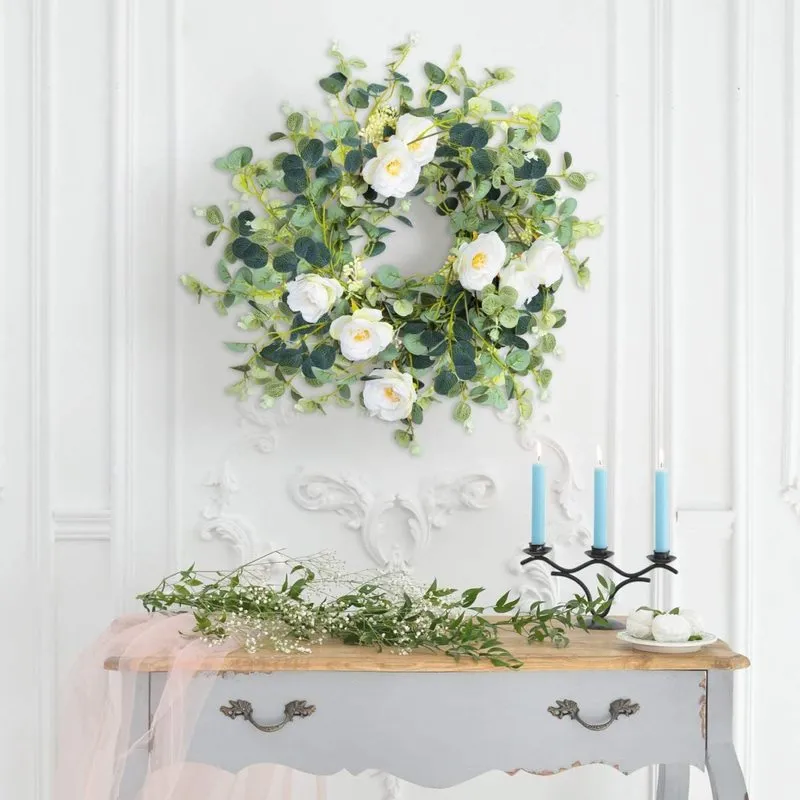 Decoratieve bloemen kransen 180 cm eucalyptus slinger met camellias kunstmatige 220823