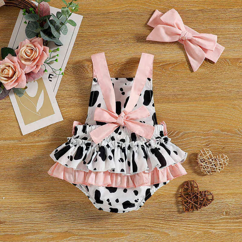 Lovely Infant Baby Girls Summer Rompers Cow Spots Print Sleeveless Bowknot Rompers Jumpsuits Headband Sunsuits Clothes G220521