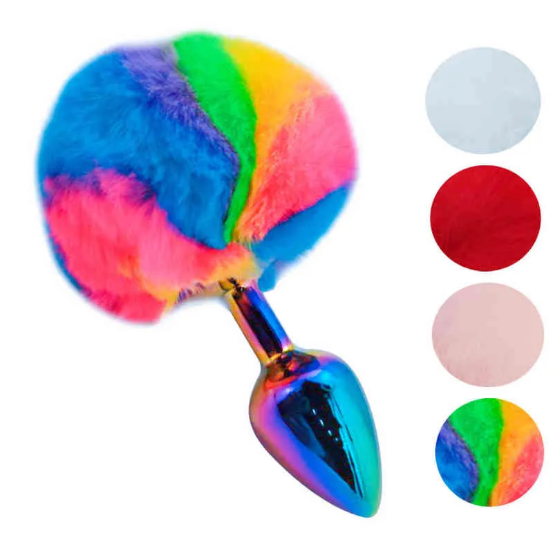 Rainbow metal small size Cute Pink red white colorful rabbit tail ball anal bead butt plug fox unisex toy for men and women Y220427