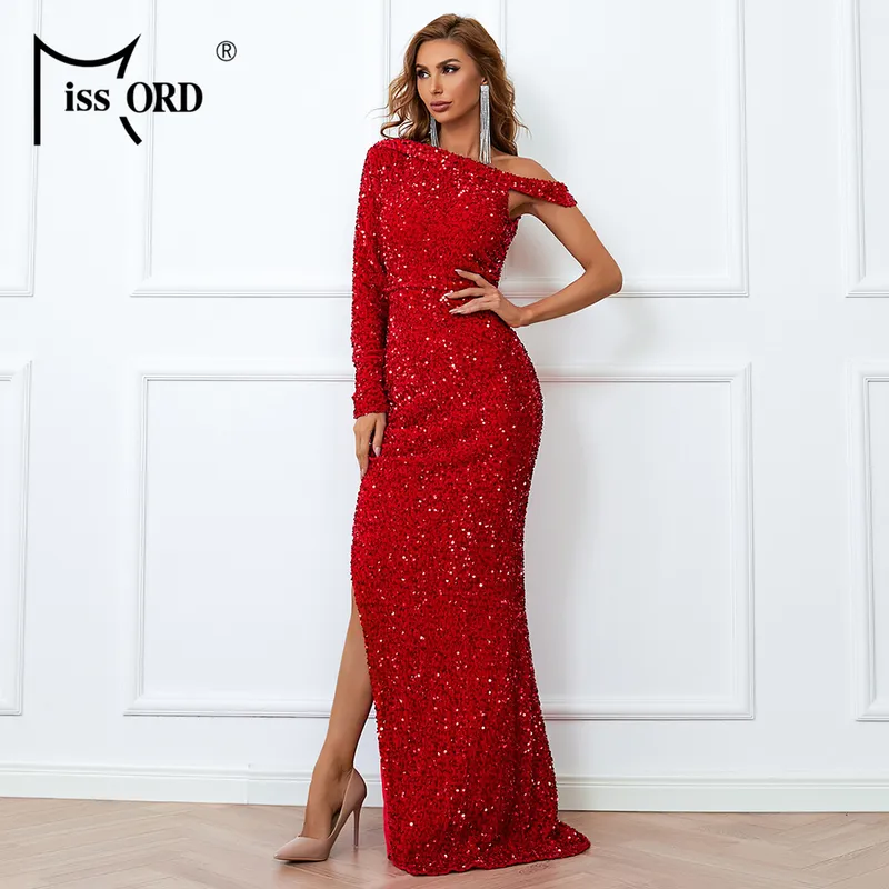 Missord Automne Asymétrique Épaule Paillettes À Manches Longues Robes De Soirée Haute Split Maxi Femmes Robe Rouge Élégant Soirée Robe 220510