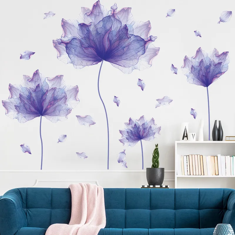 Criativo flor roxa adesivos de parede sala estar quarto decoração casa fundo decoração da parede grande 3d papel vinil flores decalque4399348