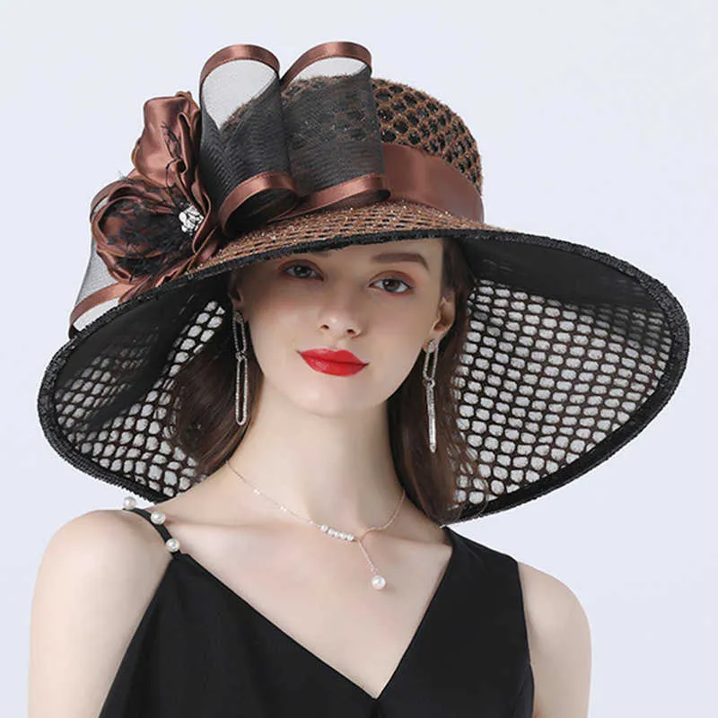 16 cm breda kvinnor Brim Flower Mesh Sun Hat Lady Bow Summer Beach Church Derby Dress Fascinator Bridal Party Wedding 2106082036662