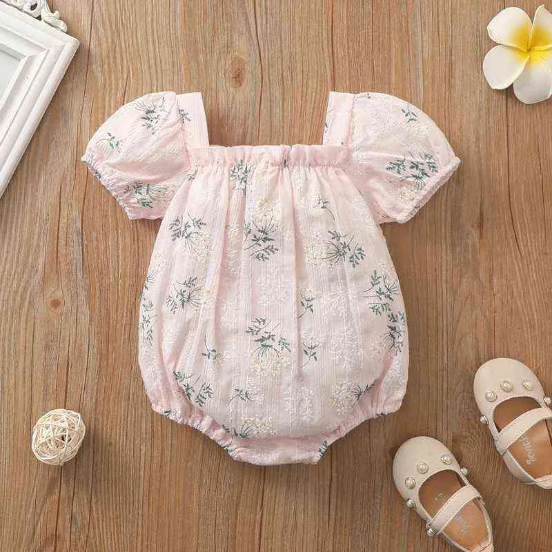 Härlig sommar småbarn baby flickor kläder blommor tryck bowknot puff kort ärm rompers jumpsuits nyfödda spädbarn bomullskläder g220521