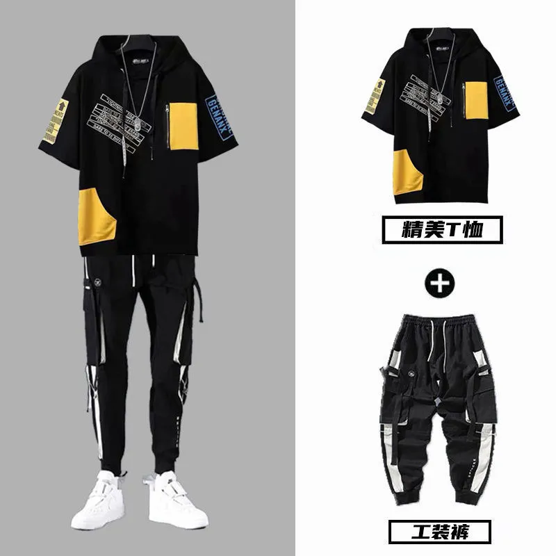 Summer Men's Sets Koreańskie modne streetwear Men Joggers Set Casual z kapturem dresylastycznymi spodniami talii męskie ubrania zestawy 220607