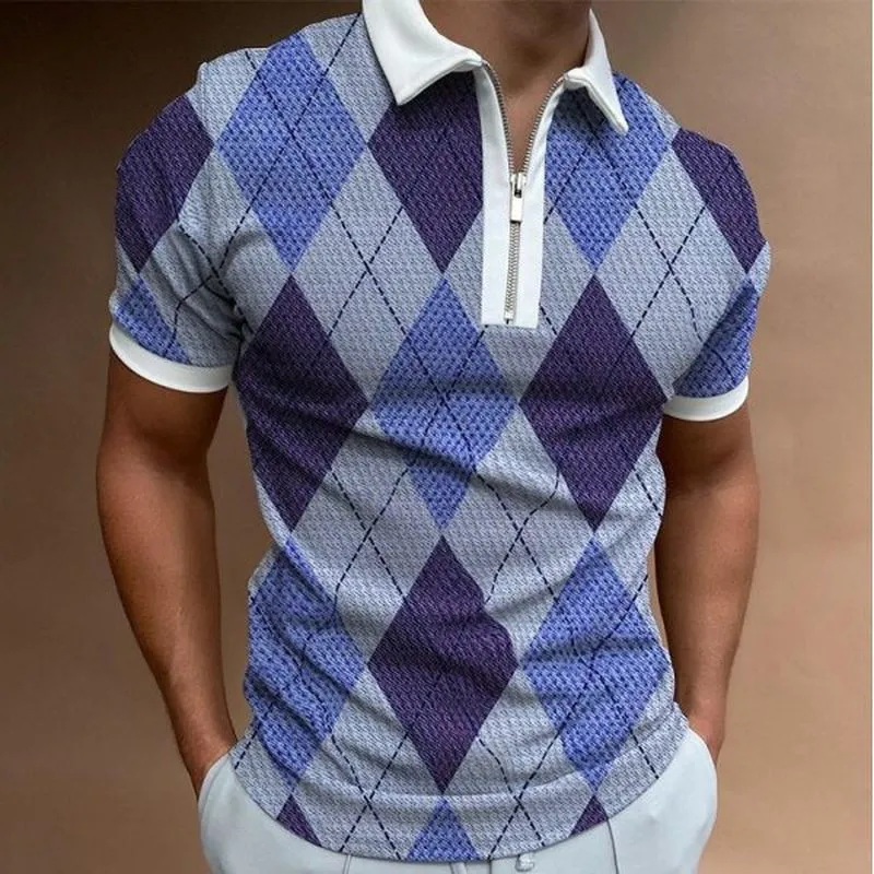 Erkekler Için Tişörtleri Sanat Baskı Kısa Kollu Gömlek Streetwear Erkek Giyim Ince Fermuar Boyun Açılır Yaka Grafik T Gömlek Tops 220407