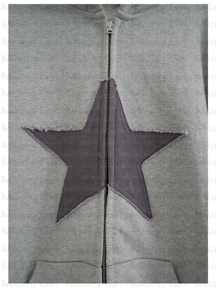 Patch design Lucky Stars Felpa con cappuccio con cerniera Donna Harajuku Vintage HighStreet Felpa Uomo Cardigan allentato Retro manica lunga Vestire 220725