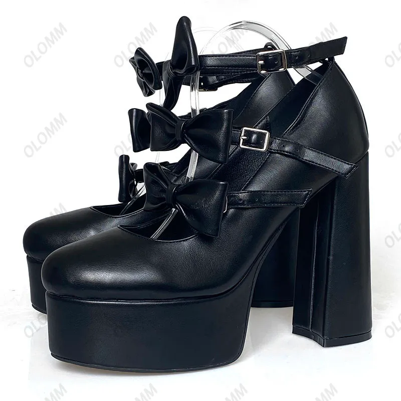 Olomm New Women Platform Platform Pumps Buckle Chunky Heels Butterfly Knot group Toe Elegant Black Night Club Shoes Lady Us Size 5-15