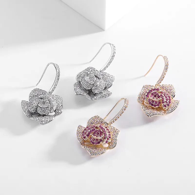 Nouveau conçu Spring Dangle fleur femmes boucles d'oreilles rétro rose micro-set couleur diamants clous d'oreille célébrité femme bijoux de luxe 260k