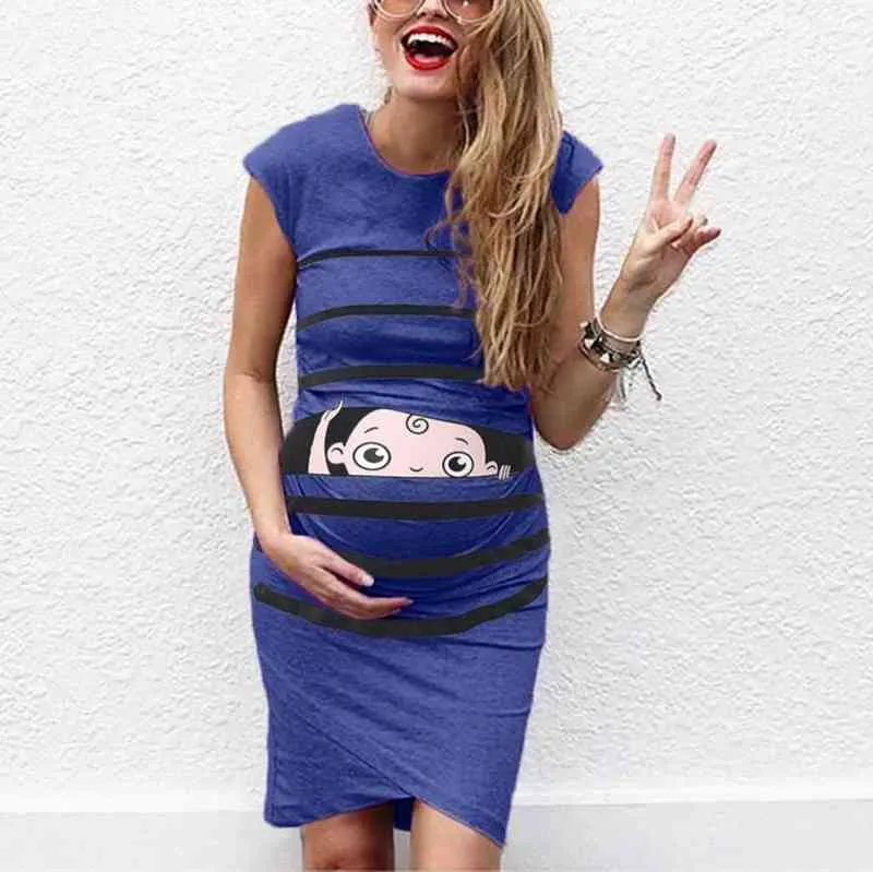 Mothership Summer Funny Dress Striped Print Sleeveless Pregnant Clothes Grossesse J220628