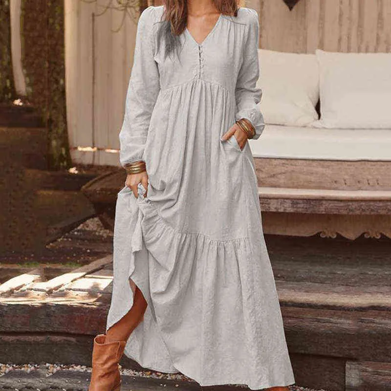 Bohemian Shirt Dress Women's Maxi Sundress Spring Elegancka Casual V Neck Ruflle Vestido Kobieta Tunika Long Sleeve G220510