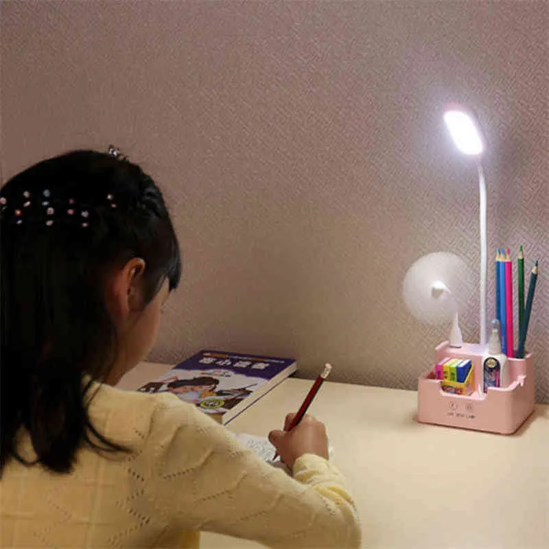 Lâmpada de mesa led recarregável com ventilador toque regulável lâmpada proteção para os olhos luz leitura para criança com telefone hoder caneta titular h222507
