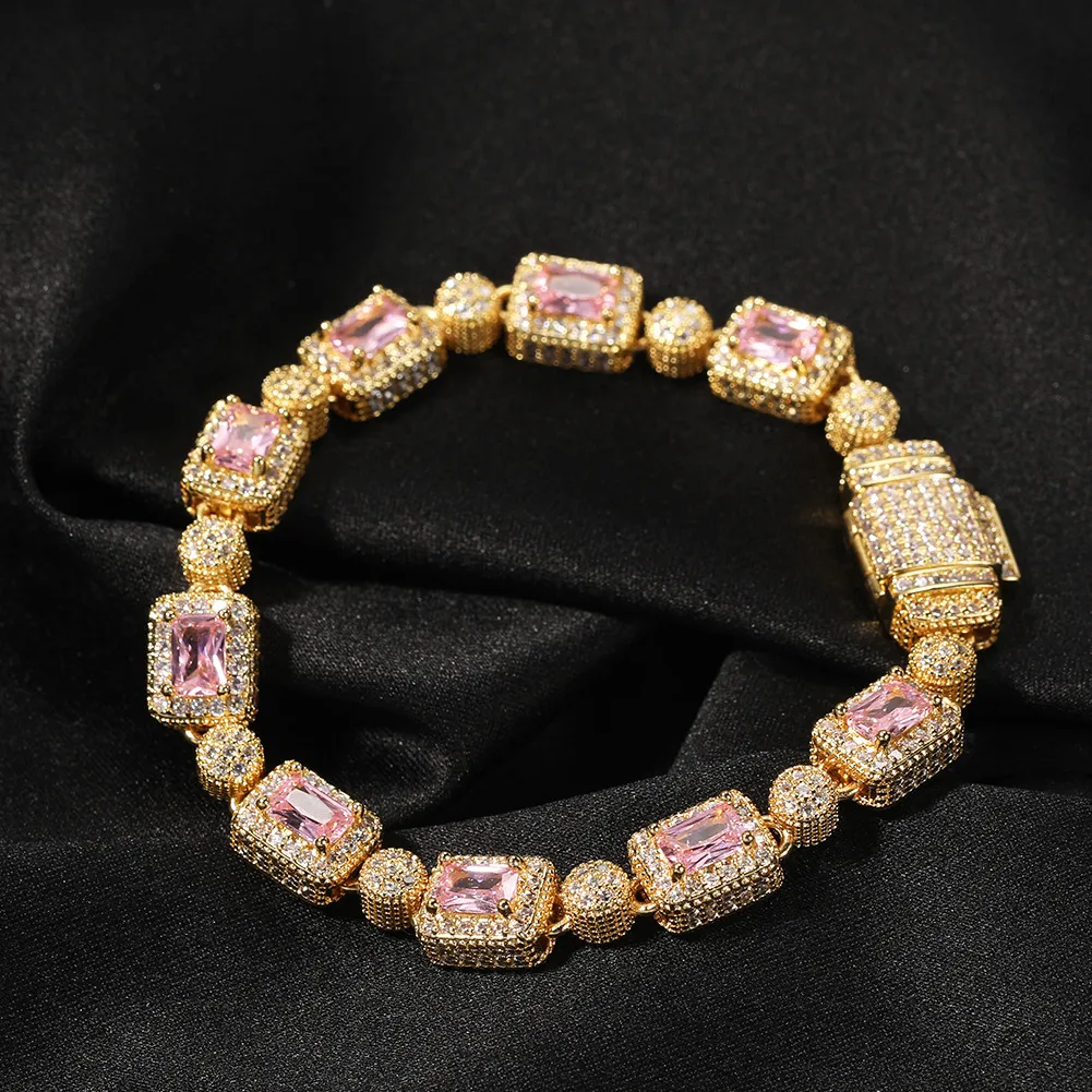 Теннисный браслет в стиле хип-хоп с медью и инкрустацией розовым цирконием для мужчин и женщин, смешанные бриллианты, 7 дюймов, 8 дюймов, хрустальные браслеты, ювелирные аксессуары290m