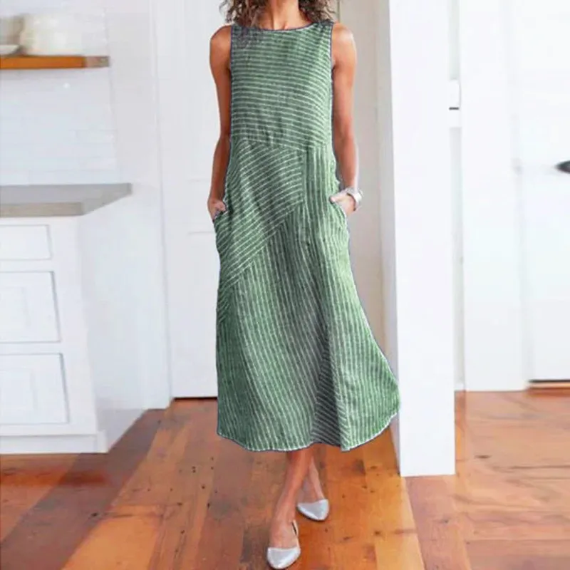 30H Dress Woman Casual Striped Print Långärmlös es O Neck Linen Pocket Summer For Women 220521