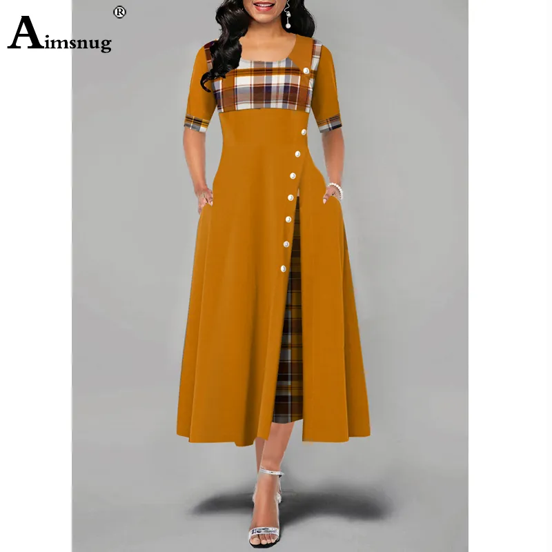 Kvinnor Elegant Long Plaid Print Party Dresses England Style Oregelbundna Robe Ladies Vintage Button Dress Patchwork A Line 220521