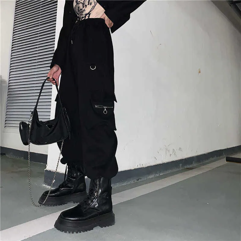 Houzhou Techwear Black Cargo Pant Hippie Streetwear Punk Hoge Taille Koreaanse Stijl Oversized Broek Vrouwelijke Joggingbroek 220325
