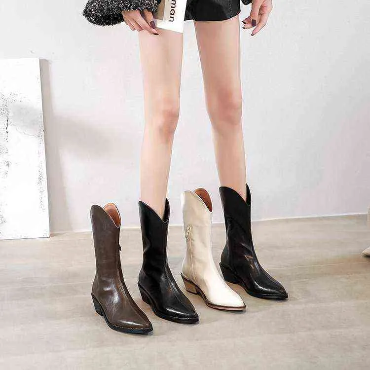 Martin Boots Leather Women herfst en winter Nieuwe Koreaanse versie puntige teen dikke hiel medium mouw westelijke cowboy ridder 220725