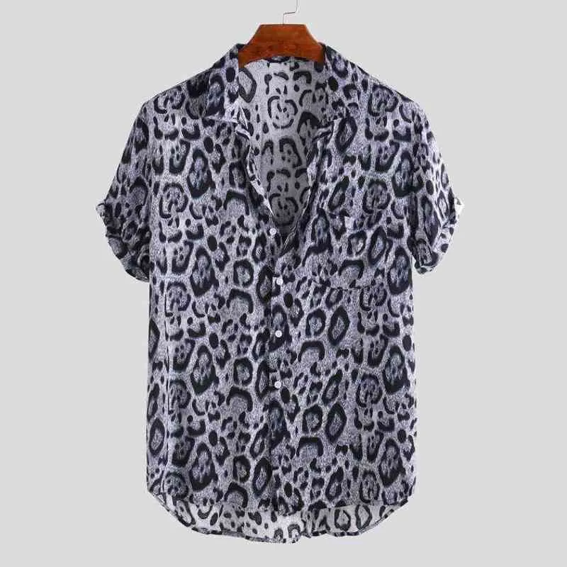 2022 New Short Sleeve Leopard Print Shirt Men Lapel Neck Loose Button Up Blouse Breathable Summer Streetwear Sexy Shirts Men G220511