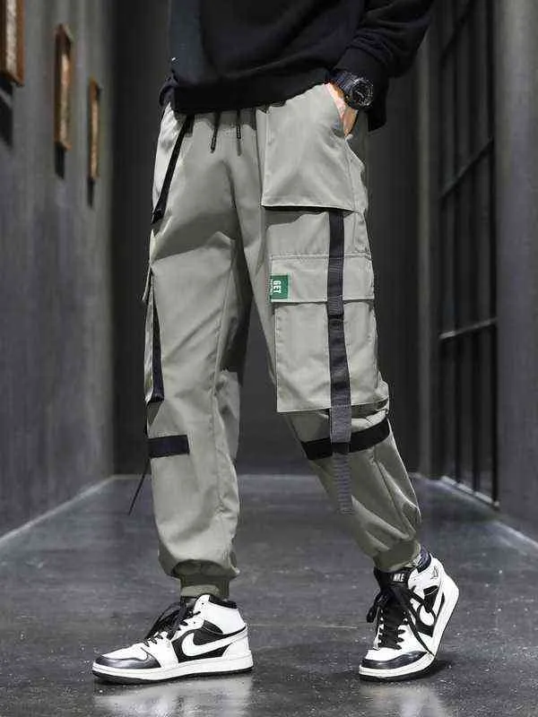 Printemps été multi-poches ruban Cargo pantalon hommes Hip Hop Streetwear noir Joggers mâle respirant pantalon décontracté G220507