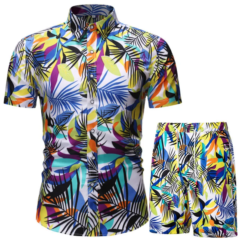 Summer Men Set Hawaiian Flower Printing Mens Short Sleeve Casual Tracksuit Shirt Beach Shorts Sets Male Sports Suit Clothing 220708