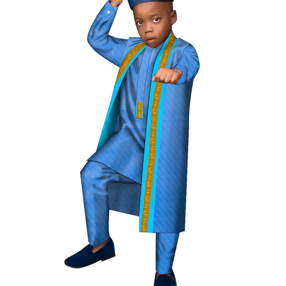 BintarealWax Nieuwe Afrikaanse Kinderkleding Set lange mouw Cardigan Robe + broek jongens traditie Casual kinderen kledingsets aangepaste maat wyt640