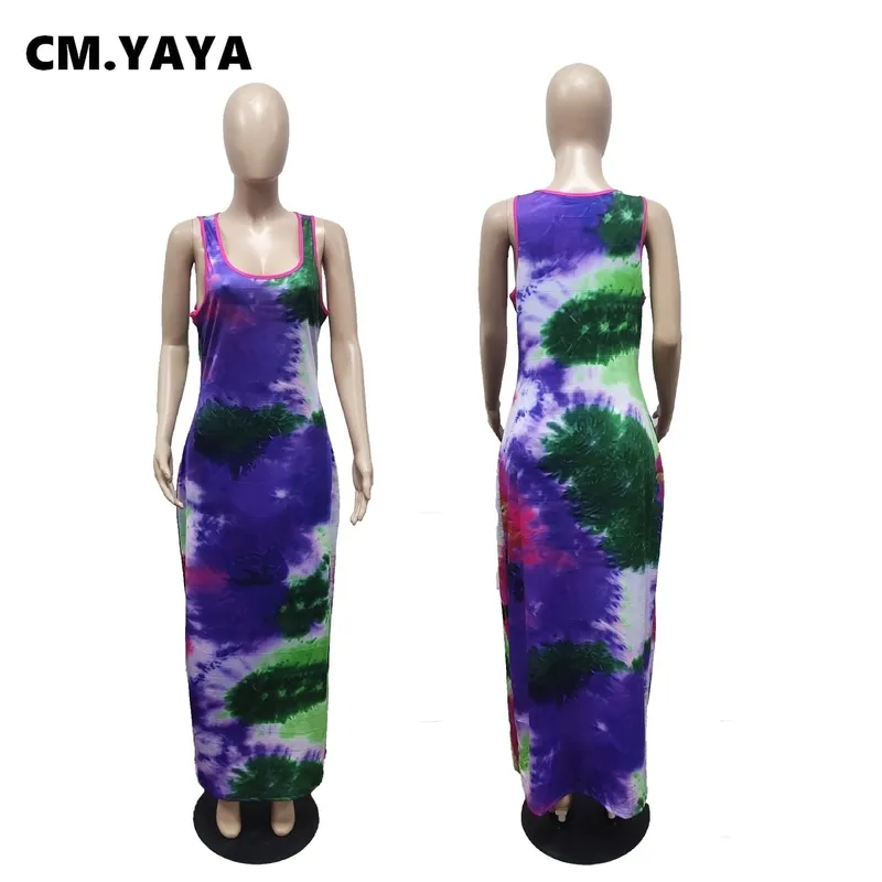 CM.yaya Mulheres plus size vestido TIY TYE Sleeseless O-pescoço elástico Bodycon Long Maxi vestidos moda casual vestidos roupas de verão 220516