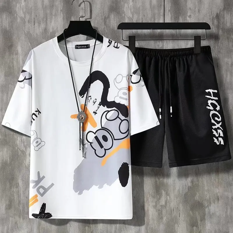 Summer Men's Sets Korean Fashion Tracksuit Men Streetwear Casual Cartoon Men Outfit Set T ShirtsShorts Sets Men Clothes 220601