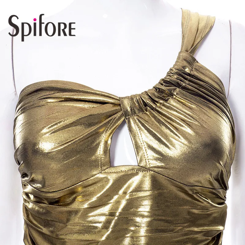 Spifore Verão Ruched Mulheres Ouro Colheita Parte Top Sexy Um Ombro Envoltório Tanque Tanque Fashion Party Clubwear Feminino Camisas 220325