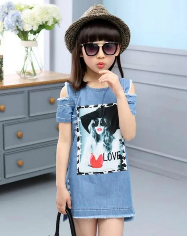 Children Dresses For Girls Denim Summer Strapless Pattern Clothing Short Sleeve Child Clothes T-Shirts 220426