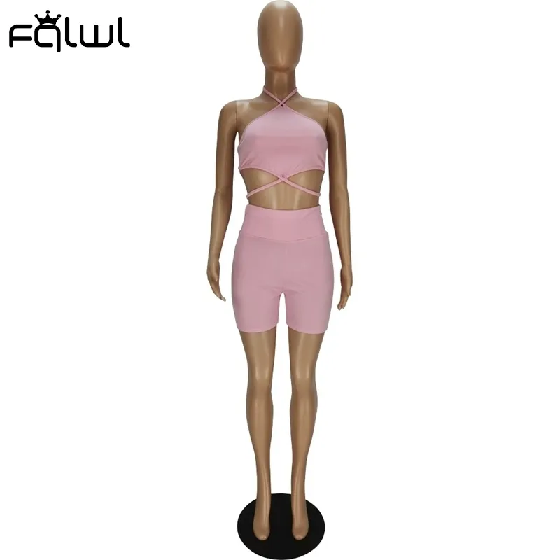 FQLWL Bodycon Summer Streetwear 2 Two Piece Sets Women Outfits Backless Halter Crop Top Biker Shorts Sets Pink Casual Tracksuit 220602