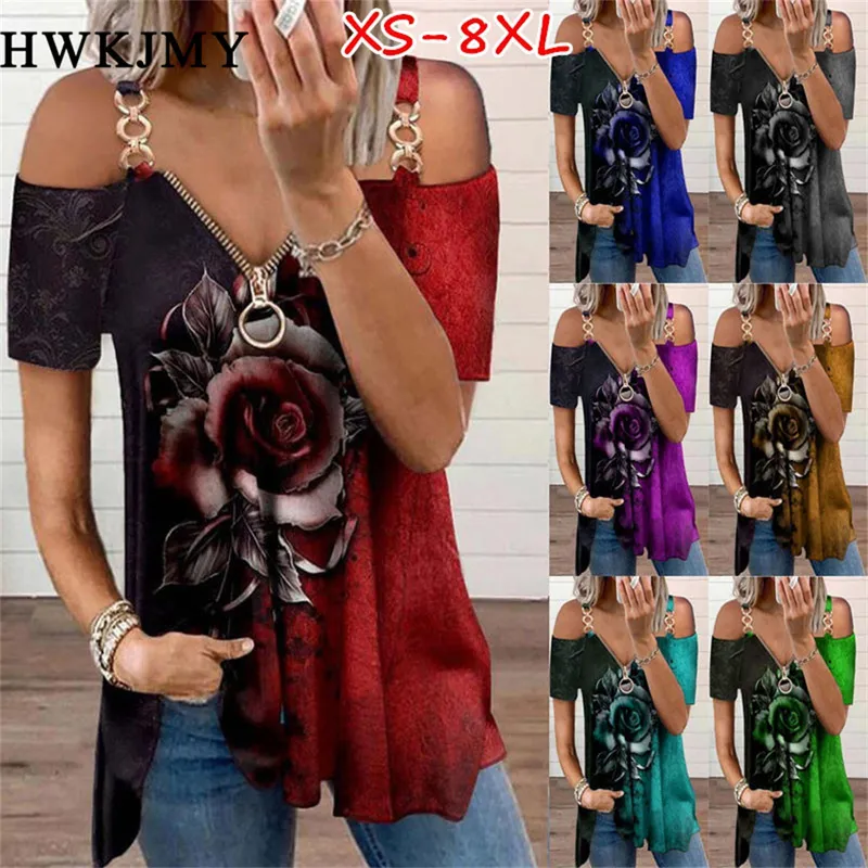 Women Summer V-neck Zipper Shirt Rose Print Chain Strap Off Shoulder Blouse Woman Clothing Short Sleeve Streetwear Tops 220407