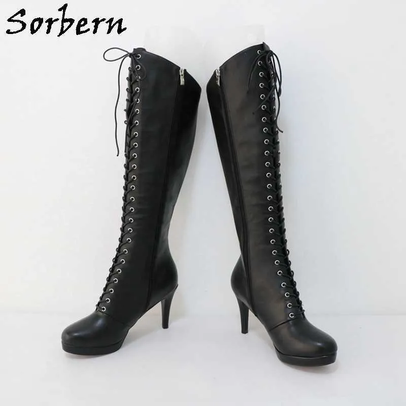 Sorbern Stivali alti al ginocchio opachi Donna Tacchi a spillo Tacchi alti Stivali stringati crespi Sissy Crossdresser Stivale da ballo Custom Wide Slim Fit