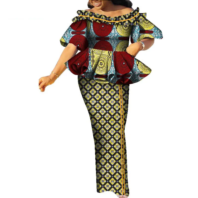 BintaRealWax Two Piece Dress Dashiki African Dresses Suit Top and Skirt Print Plus Size Clothing for Women Sets for Elegant Lady Party WY9021