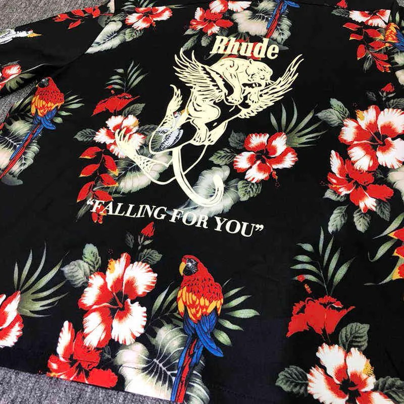 Haute qualité Rhude18ss fleur perroquet rouge imprimé T-shirt ample hommes femmes tout-match marque Rhude Hawaii chemise à manches courtes