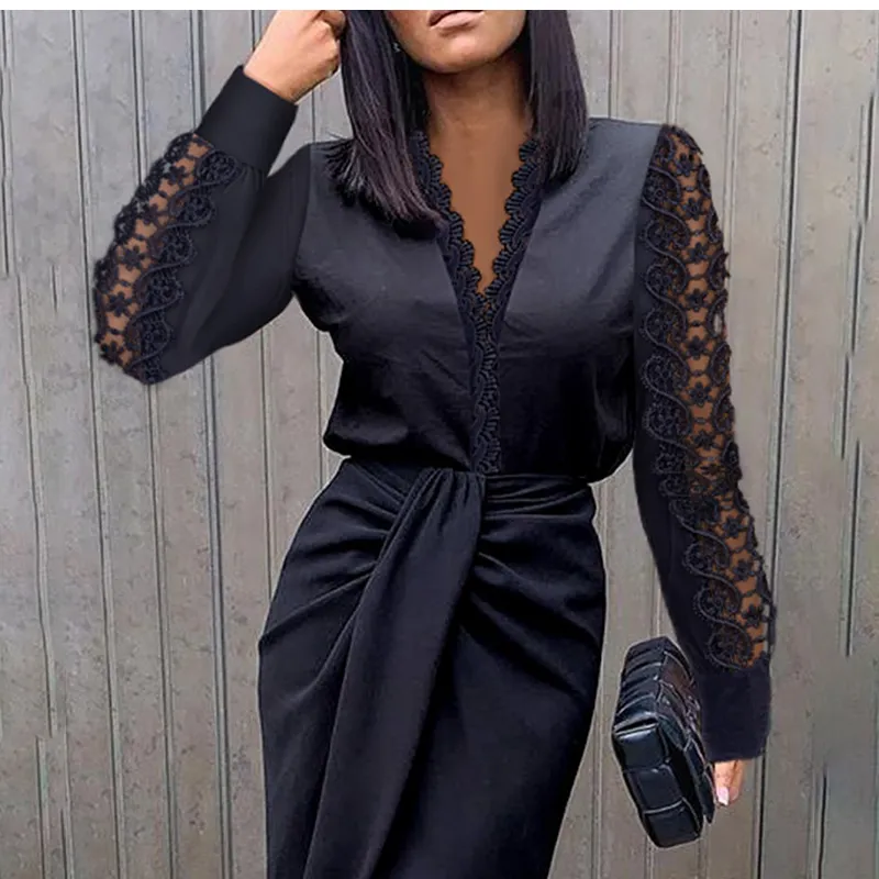 Wywmy 2022 År vit klänning Kvinnor Mode Casual V-Neck Lace Långärmad Svart Elegant Party Klänningar för Kvinnor Robe Femme 220317